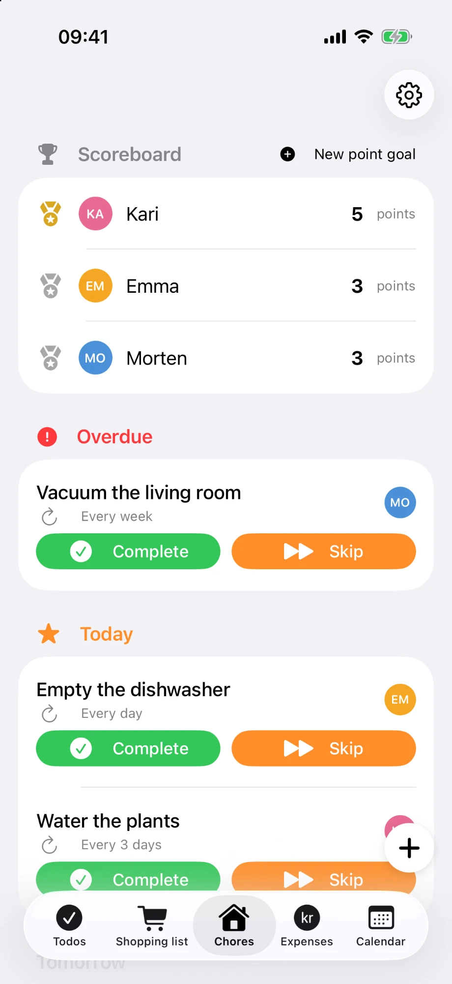 OneHome chores with a scoreboard, overdue and upcoming chores
