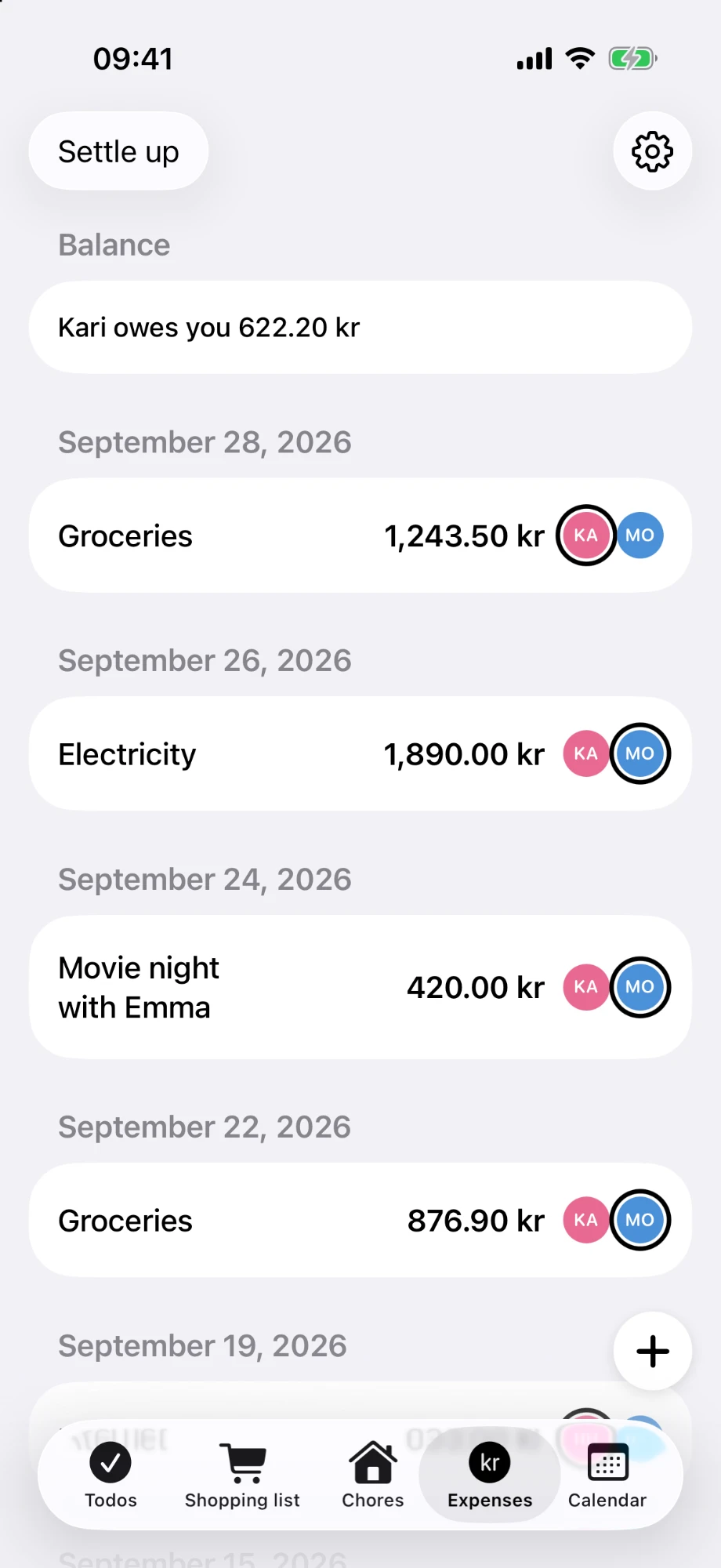 OneHome expenses with the balance between household members