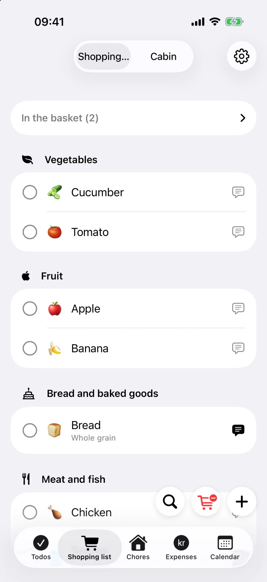 OneHome shopping list with items grouped by category