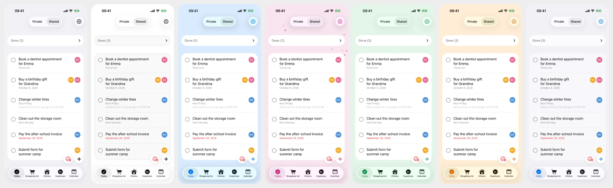 The OneHome to-do list shown in seven different colour themes