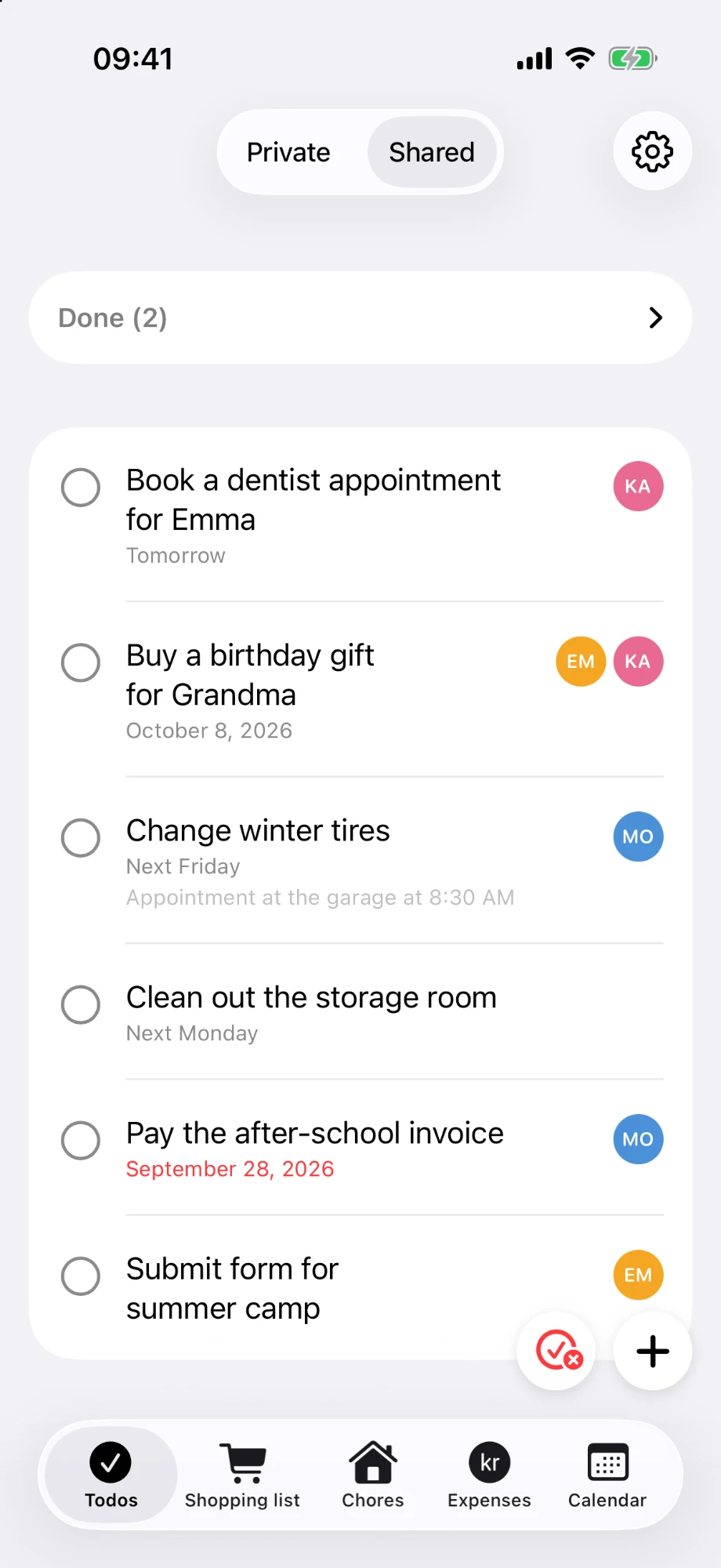 OneHome to-do list showing shared to-dos assigned to family members